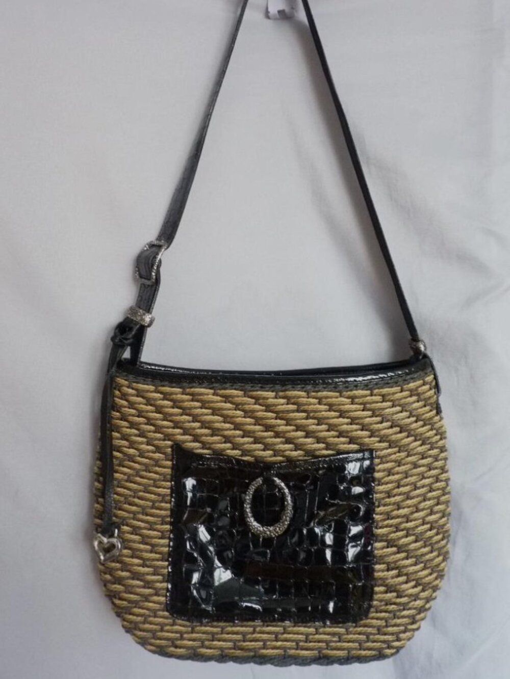 Brighton wicker straw patent croc leather shoulder bag